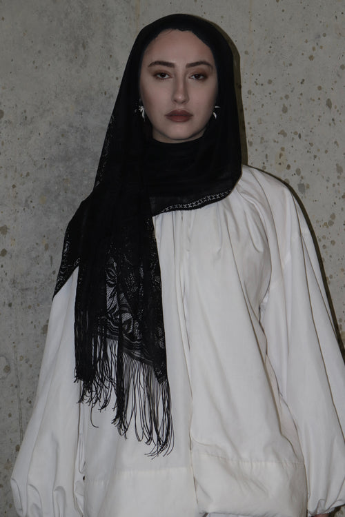 Noir Lace Fringe Hijab - Preorder