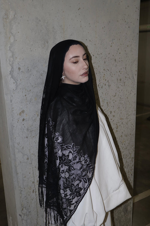 Noir Lace Fringe Hijab - Preorder